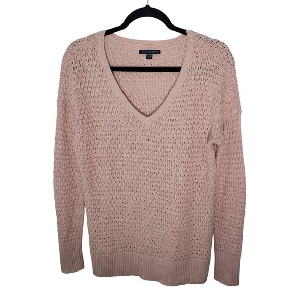 American Eagle Outfitters Womens Sz S Pink Solid Long Sleeve V-Neck Knitted Swe - Picture 7 of 10